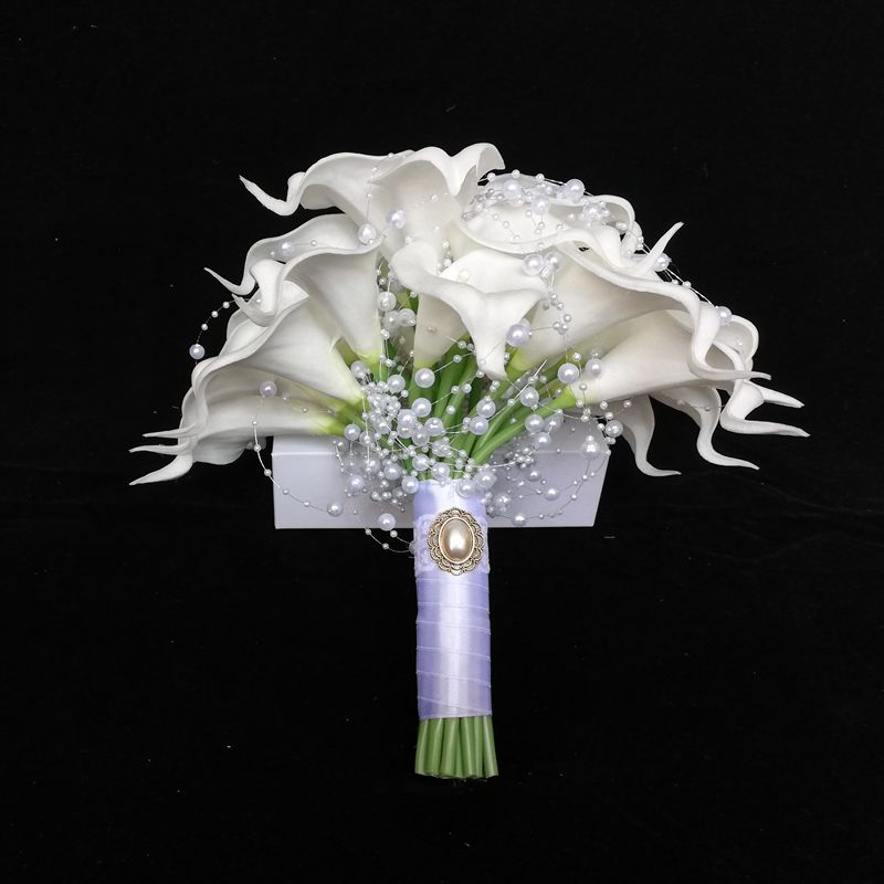 Hvid calla liljer brude buket silke blomster bryllupsbuket naturlig berøring med perler brudepige blomst mariage ramo de novia: Brude buket