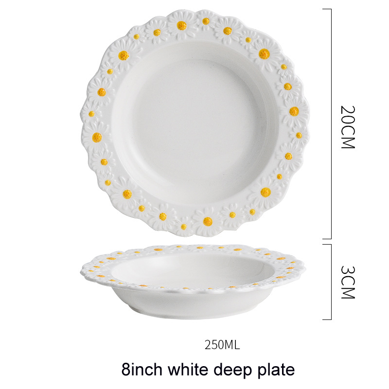 8/10inch Cute Small Daisy Flower Ceramic Dessert Plates Salad Bowl Tableware Dishes Dinner Food Steak SnackTray White Crockery: 8inch deep plate