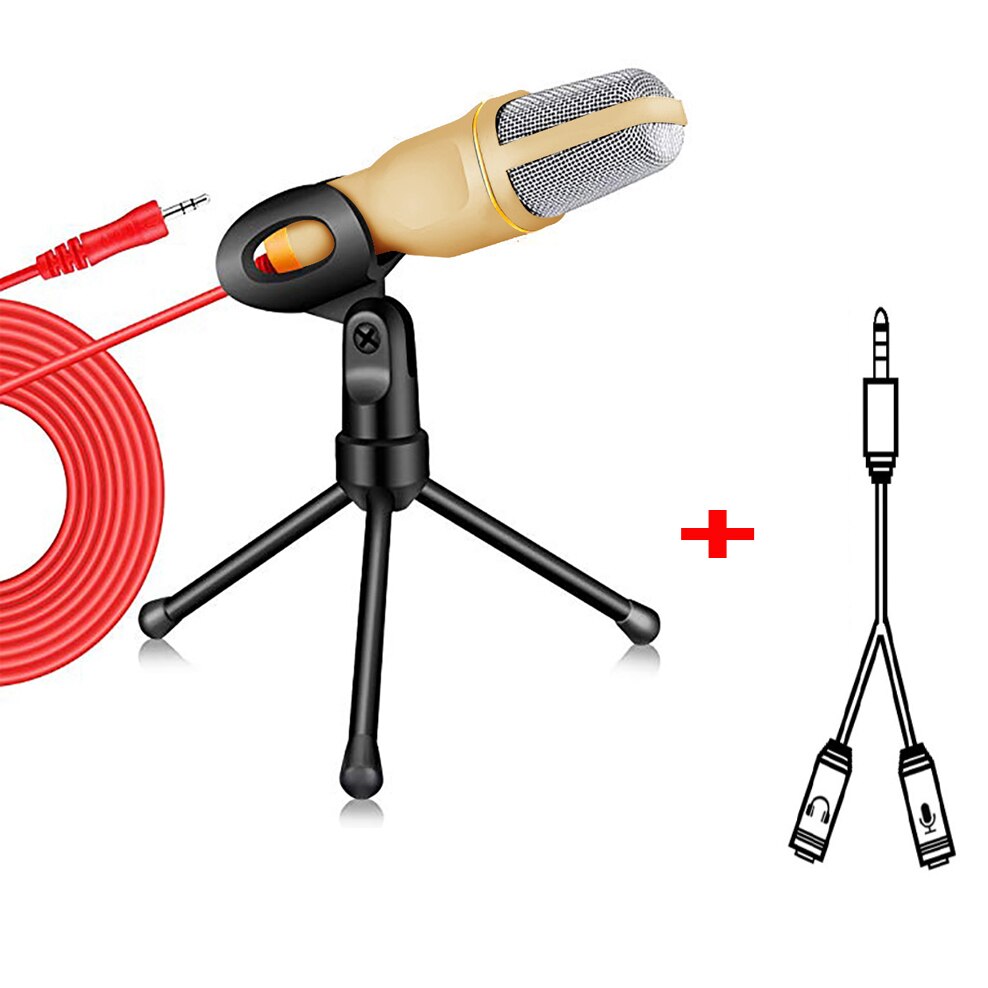 Condenser Microphone for Computer 3.5mm Cable Stereo Microfone for Podcast Singing Recording Mic With Desktop Tripod for Phone: gold and cable