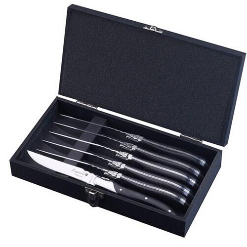 Laguiole Black Wood Knives 6-Piece Black Wooden Handle Steak Knife Fork Spoon set Japanese Wood Cutlery Christmas 8.7 in