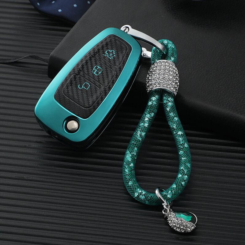 TPU Carbon Fiber Car Key Case Cover Fob For Ford Focus 2 3 MK3 Ranger C-Max S-Max Mondeo Fuga Galaxy Transit Tourneo Custom: D-Green and Keychain