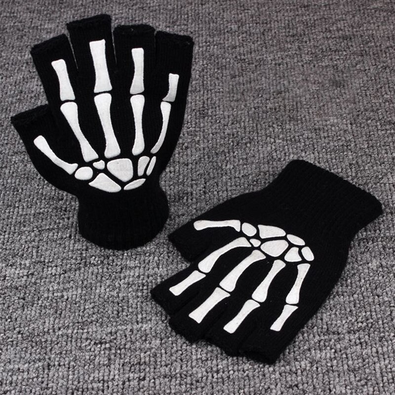 Afdrukken Fluorescerende Skelet Schedel Gebreide Half Vinger Handschoenen Koele Herfst Winter Zwart Ridding Breien Handschoenen Voor Kinderen
