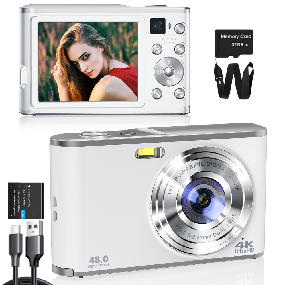 Cámara digital 4K Cámara Vlogging con enfoque automático con lente delantera y trasera, tarjeta de 32 GB, cámara selfie con zoom digital de 48 MP y 16X, negro, blanco: Blanco