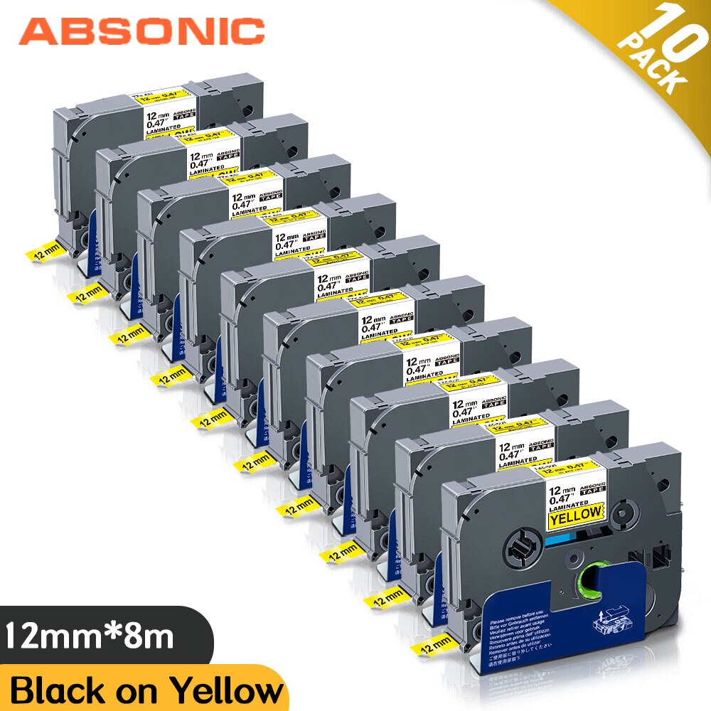 Absonic 10PCS 12mm for Brother tze-631 tze 631 tze631 Laminated Label Tape Tze 231 Tze-231 Use for Brother P touch Label Maker: 10PK Black on Yellow