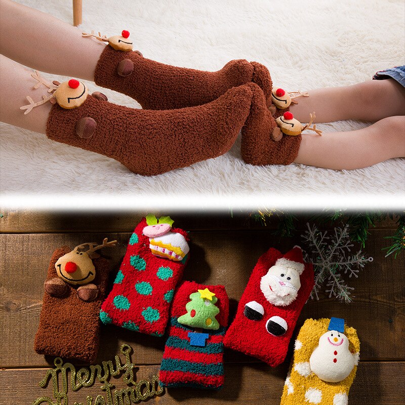 Cute Adults Women Kids Baby Christmas Cosplay Fancy Socks Family Matching Xmas Warm Ankle Socks Thick Furry Socks 1Pcs