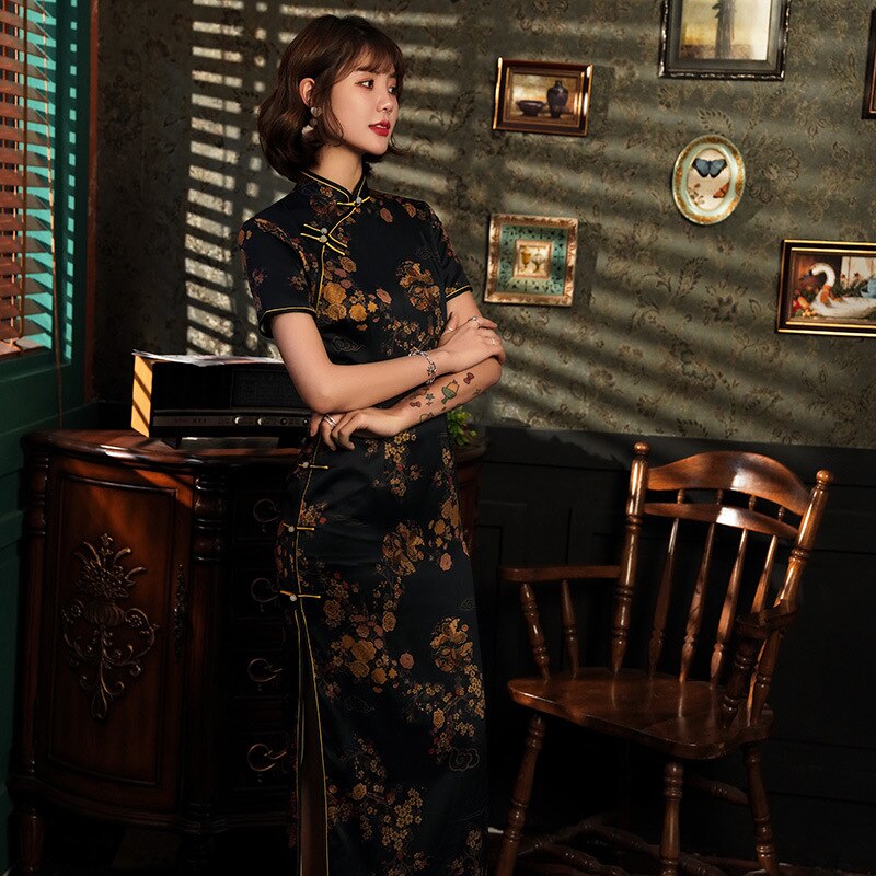 Sheng coco s -4xl plus size orientalisk klänning sexig svart chipao långa klänningar kvällsrayon siden cheongsam qipao