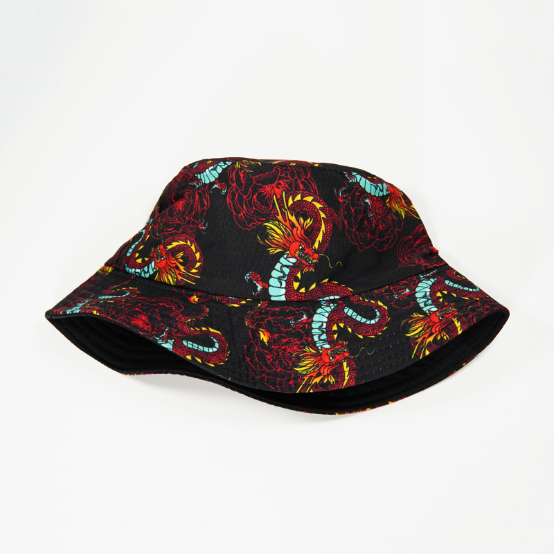 Korean Harajuku Hat Reversible Bucket Hats Men Dragon Print Hip Hop Caps Women Fishing Fisherman Hat