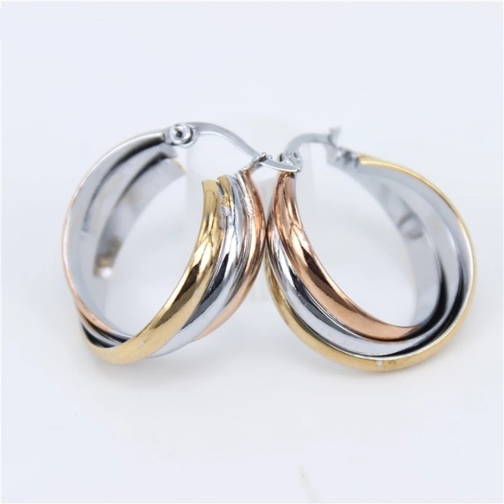 Pendientes de aro de acero inoxidable 316L para mujer, aretes redondos con tres tonos de giro, joyería barata de titanio,: Bronce antiguo plateado