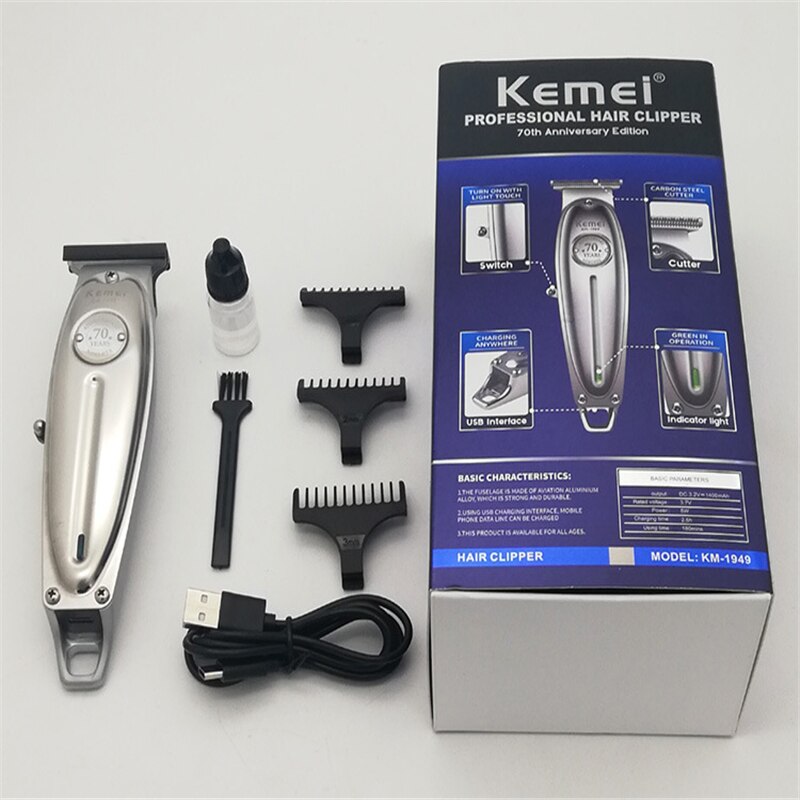 Kemei 1949 Hair Clipper All Metal Men Electric Cordless Hair Trimmer 0mm Baldheaded T Blade Finish Haircut Machine