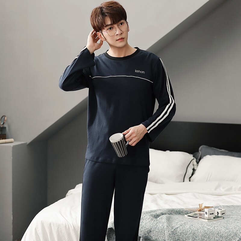 De talla grande L-3XL completa pijamas de algodón de los hombres pijamas para hombre manga larga casual de los hombres homewear blanco conjunto de pijamas para hombre