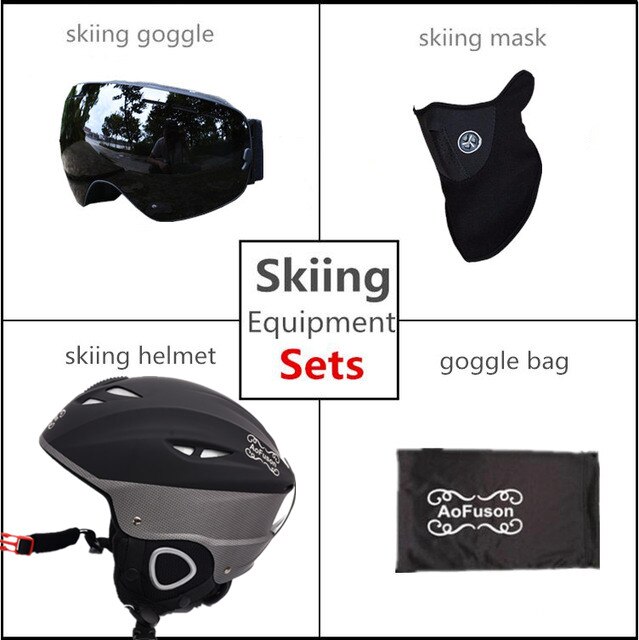 Skihelm bril dubbele lagen anti-condens groot zicht snowboard bril dames heren winter warme sporthelm ski-uitrusting set: Zwarte lens
