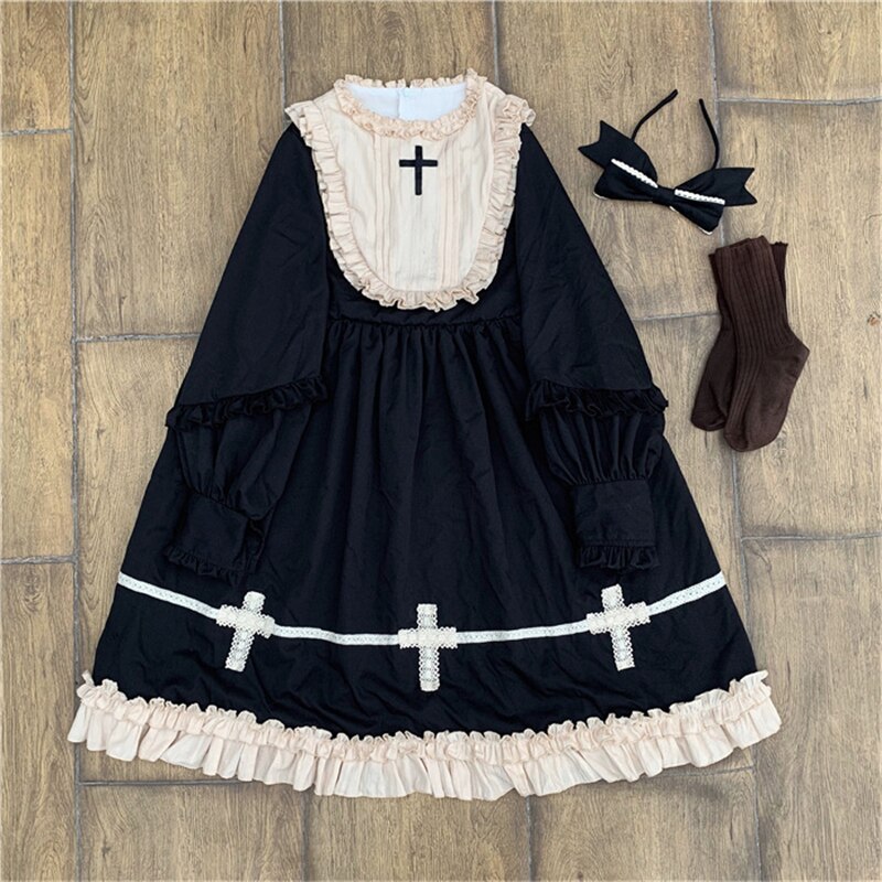 Lolita robe Style japonais doux Kawaii filles croix gothique dentelle cour princesse Cosplay Halloween fête femmes victorienne: Color 1 Suit / M