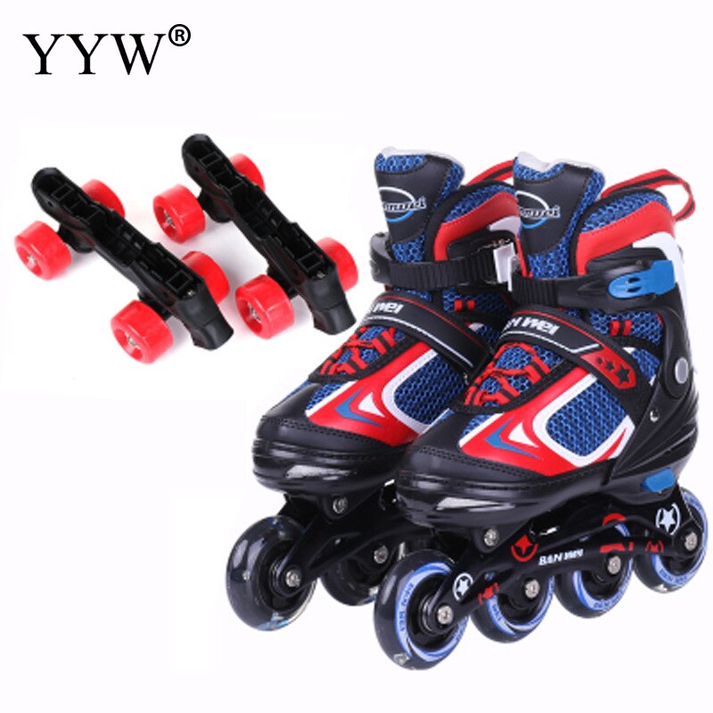 Roller Skate 2 In 1 Inline Double Row Skates Adjustable Pu Rubber Wheels Shoes Sneaker Skating Children Black Boys Girls Shoes