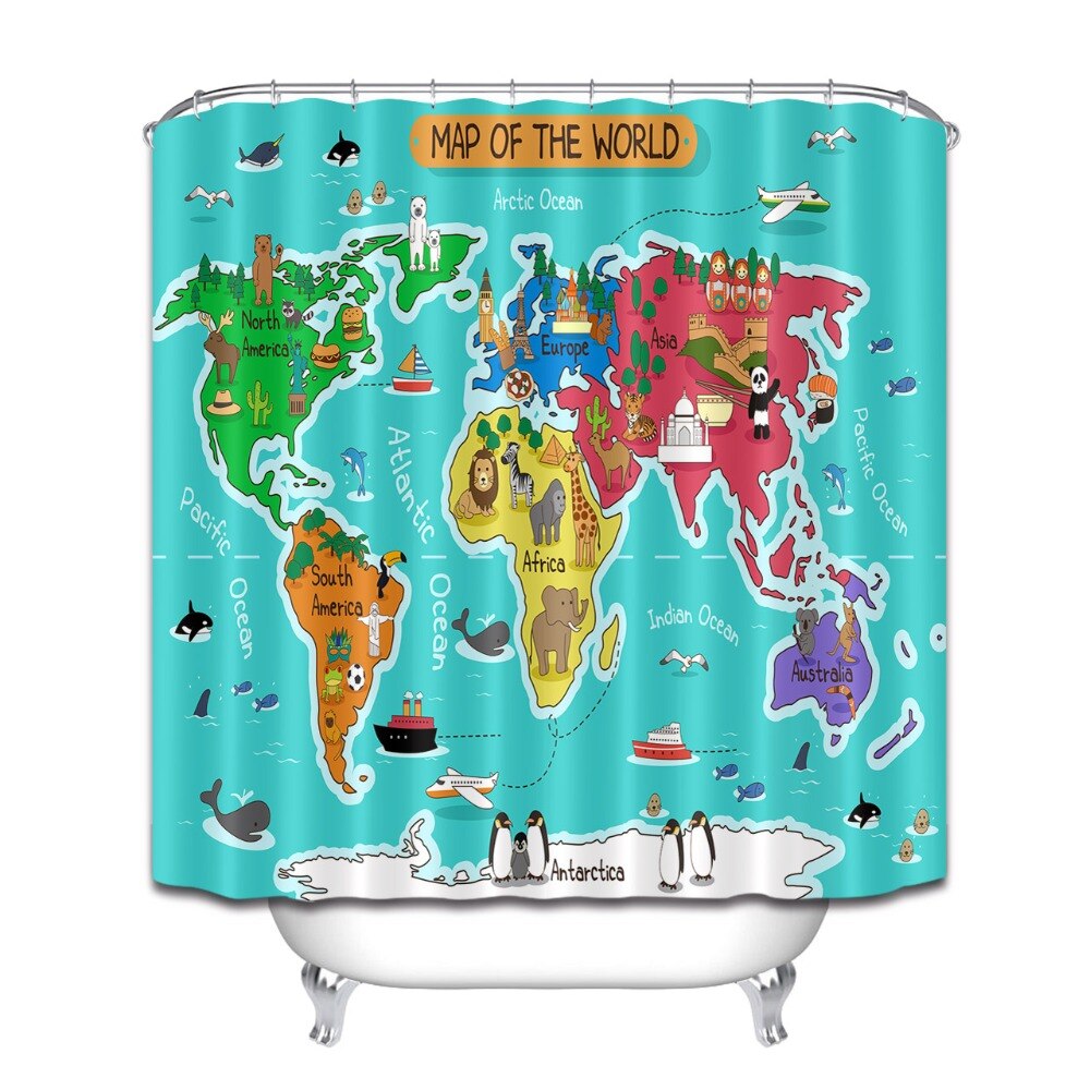 LB Lichtblauw Cartoon Wereldkaart Blauwe Zee Douchegordijn Dier Waterdicht Polyester Badkamer Gordijnen Stof Voor Bad Decor
