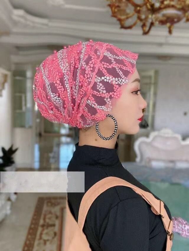 Gorra árabe con cuentas y rayas cruzadas para mujer, accesorios para la cabeza para niñas, gorro informal de Dubái de Color caramelo, turbante: Light Red