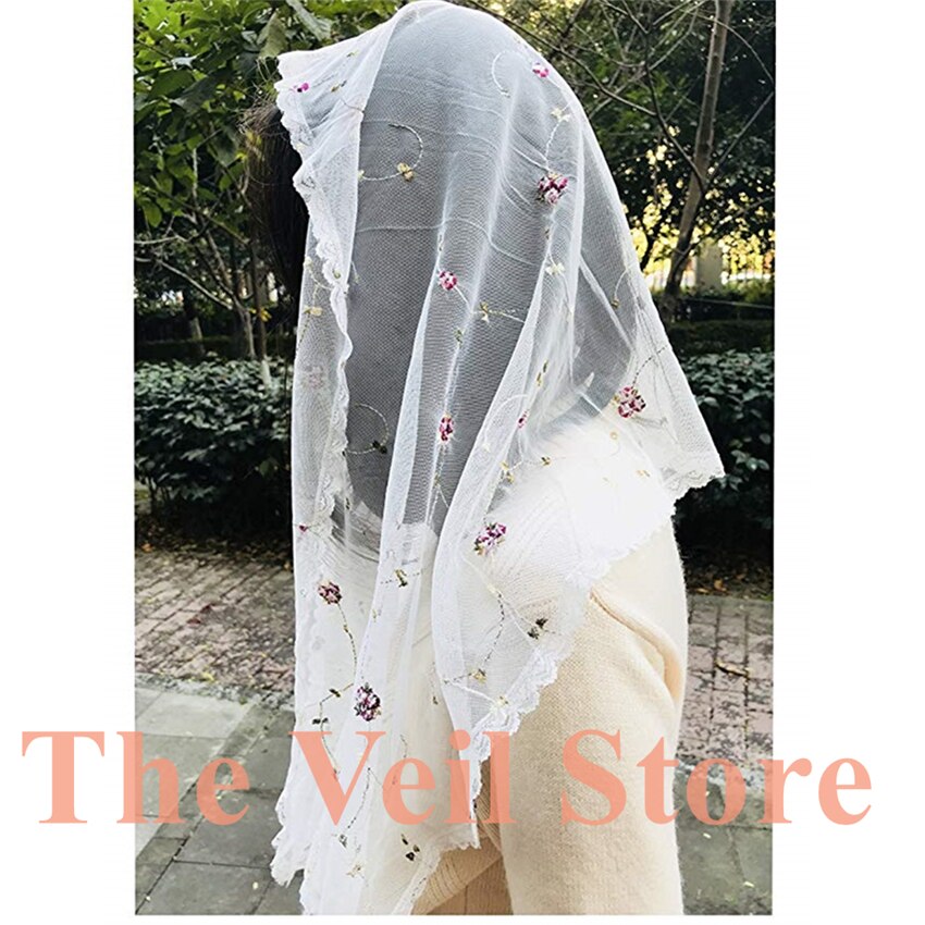 ISHSY ivoire noir dentelle orthodoxe voile tête couvrant fleurs brodées chapelle catholique mantille voile mantille de Novia Negra