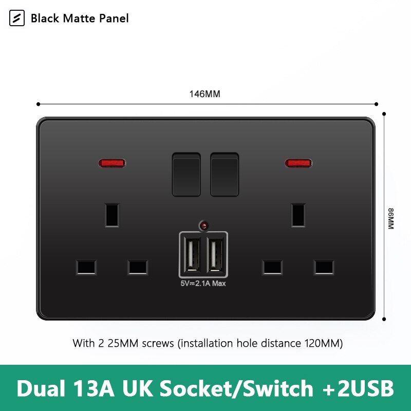 Avoir UK Standard 13A Wall Socket Black White Gray Plastic Embedded Panel Usb Socket With Switch 110-250V Two Britain Outlet: 2UK2U2GL-B