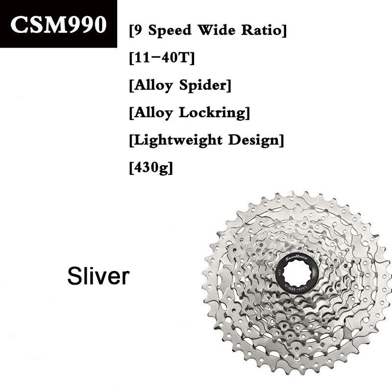 SunRace 9 Speed 11-40T Bicycle CSM990 Cassette MTB Bike Freewheel Adapter Mountain Bike Cassette: 9s-Sliver-11-40T