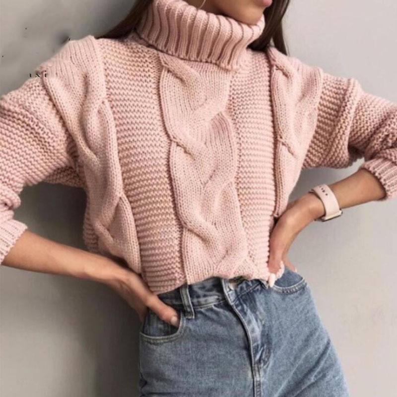 Dam tröjor polokrage tröja dam höst vinter ledig kort tröja stickad pullover tröja kvinnlig pull femme