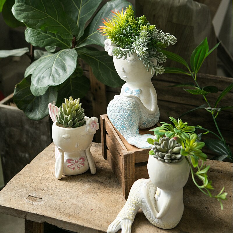 Pot de fleur de sirène mignon, Mini Vase de dessin animé, ornements en forme de poisson, Succulents amoureux des fleurs vertes, décoration de jardin pour la maison