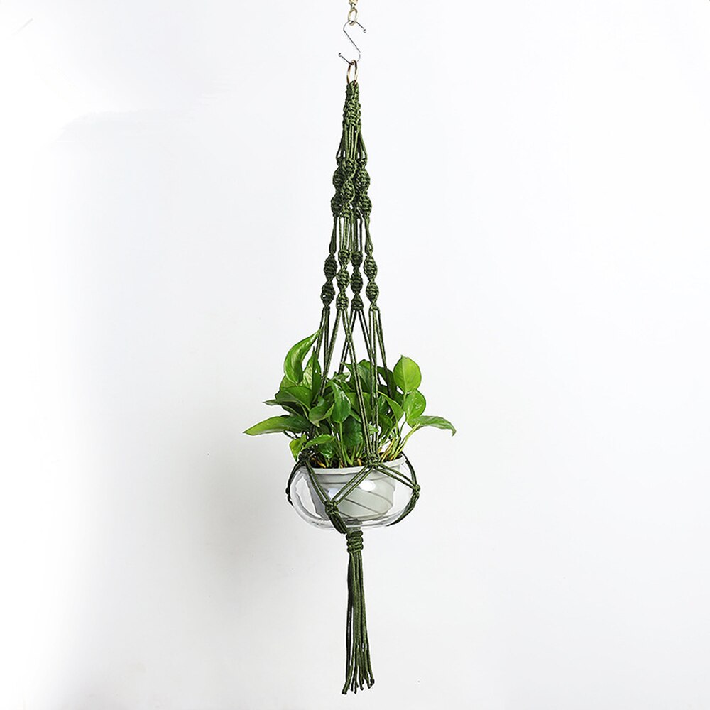 Grydelapper macrame planteophæng hængende planter kurv hamp reb flettet snor taske hjem haveindretning: Militærgrøn