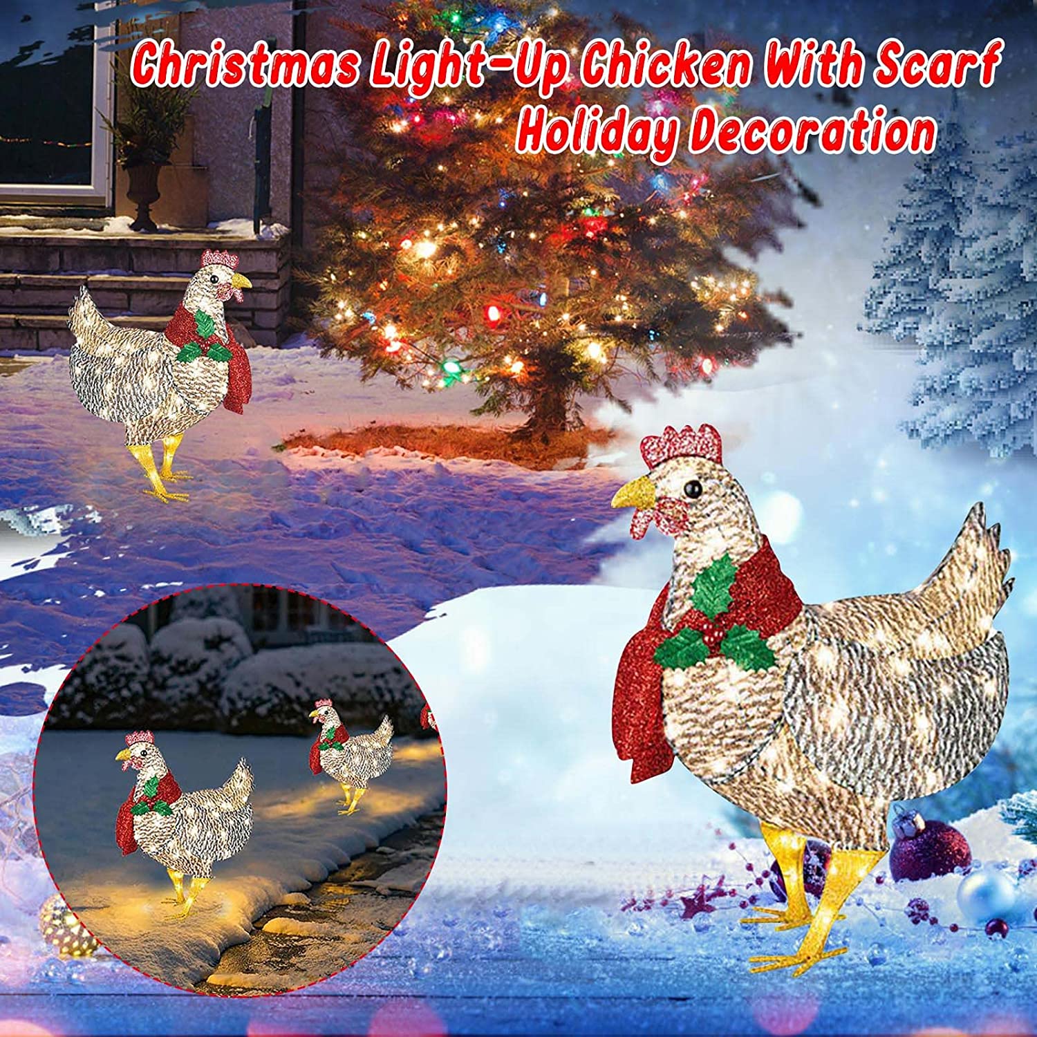 Christmas Decorations Light-Up Chicken with Scarf Decor LED Flat 3D Outdoor Christmas Lights Statue Garden Yard Ornament