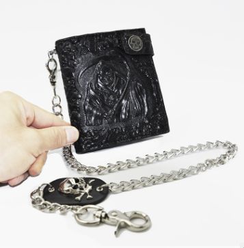 Punk Style Devil Skull Head Short Purse Embossed Leather Men Wallet Boys Rock Biker Snap Hasp Card Holder Clutch Wallets: black with chain