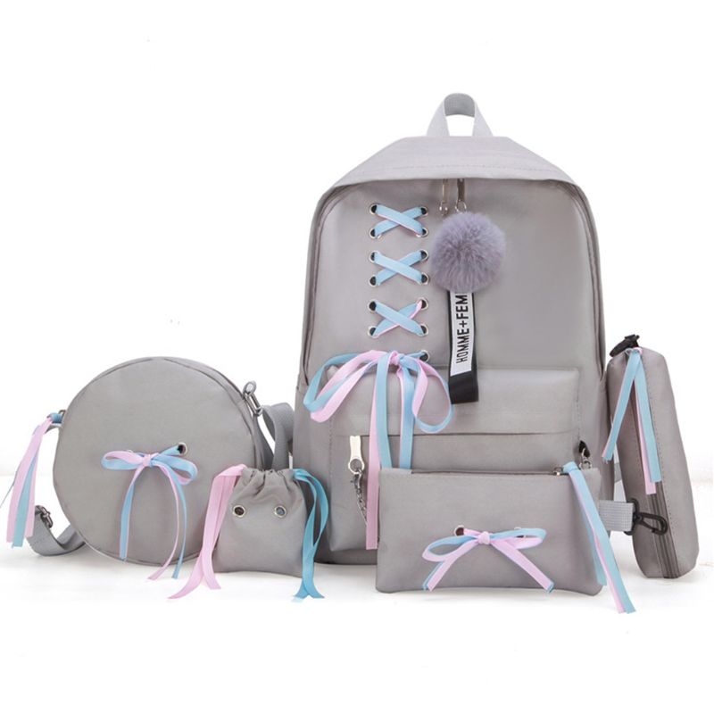 5pcs Canvas Backpack Ribbon Handbag Shoulder Drawstring Bag Pencil Case Set X5XA: gray