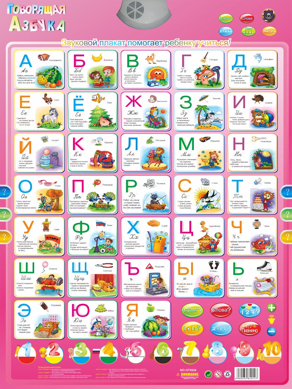 Russisk sprog elektronisk baby abc alfabet lyd plakat spædbørn børn tidlig læring uddannelse fonetisk diagram
