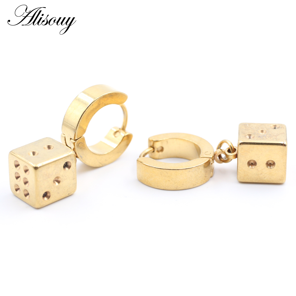 Alisouy 2 Stuks Punk Rvs Stud Huggie Hoop Oorbellen Voor Vrouwen Mannen Cube Vierkante Dice Dangle Oorbellen Hiphop Goth oorbellen: 8mm Gold Color