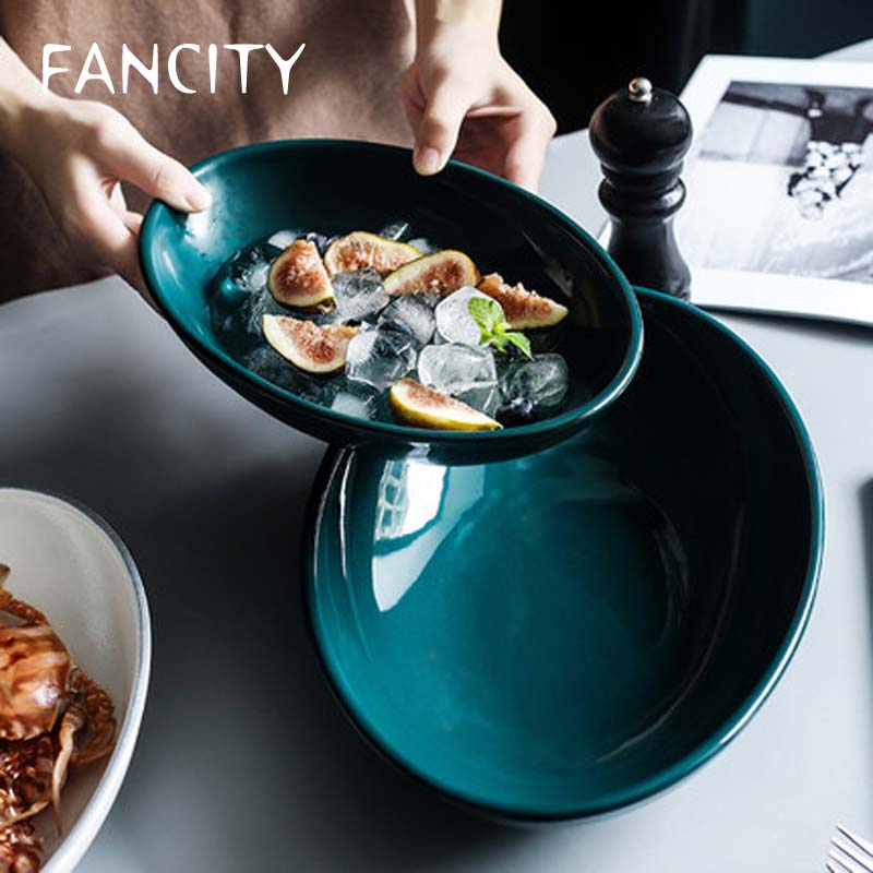 FANCITY Oval Long Fish Plate Household Steamed Fish Plate Nordic Commercial Restaurant Ceramic Japanese Large Dish Deep