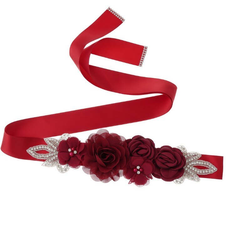 Green Blue Blush Pink White Flower Belts For Women Girl Flower Style Bridal Prom Dress Accessories Bridesmaid Sash Floral Belt: Burgundy