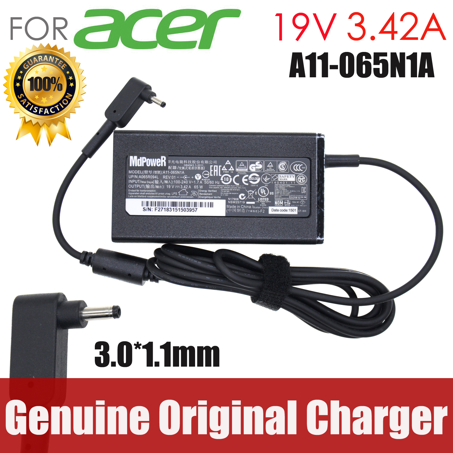 Original For ACER 19V 3.42A 65W 3.0*1.1mm laptop AC adapter charger Aspire S3 S5 S7 P3 Iconia C740 C720 Tab W500 W700 C740 C910