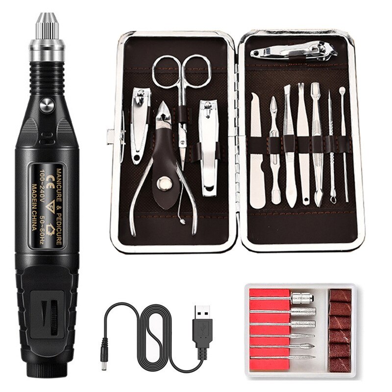 26 pièces pédicure/manucure ensemble coupe-ongles électrique nettoyant cuticule toilettage ongles polisseur perceuse Machine USB manucure outils ensemble: 02