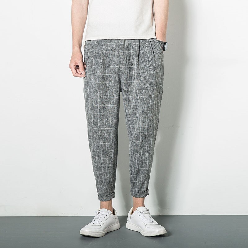 Japanischen Jahrgang Leinen Plaid Tasche Breite Quer verlieren Gabelung Hiphop Harem Jogger Streetwear Knöchel-Länge Schlauch Plus Größe Koreanische: Grau / XXL