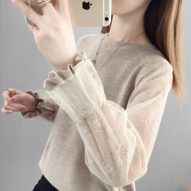 Menina malha manga longa camisola de malha feminino o pescoço solto preguiçoso costura lanterna manga laço bottoming jumper primavera 2020 primavera