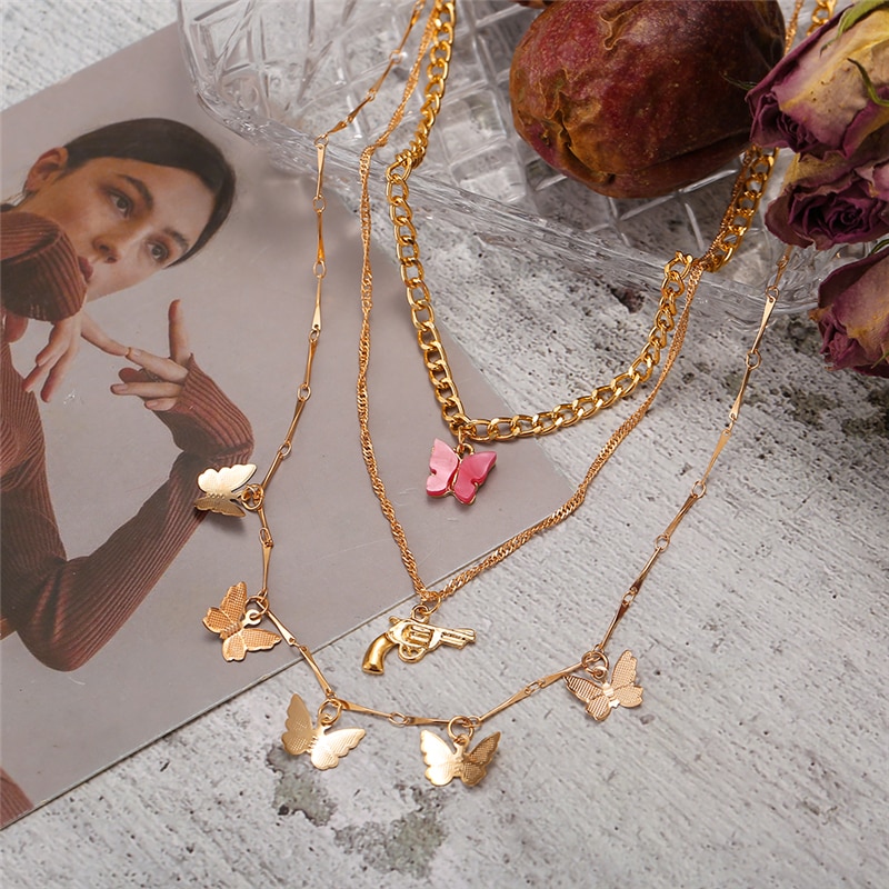 17KM Trendy Multilayered Butterfly Chain Necklace For Women Gold Pink Pistal Pendant Chain Necklaces Jewelry