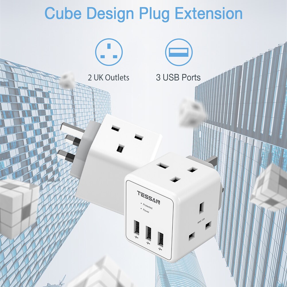 UK Power Strip with 3 USB Charging Ports and 2 Outlets Multi Sockets Wall Charger Electrical Plug 100-250V Adapter for Home