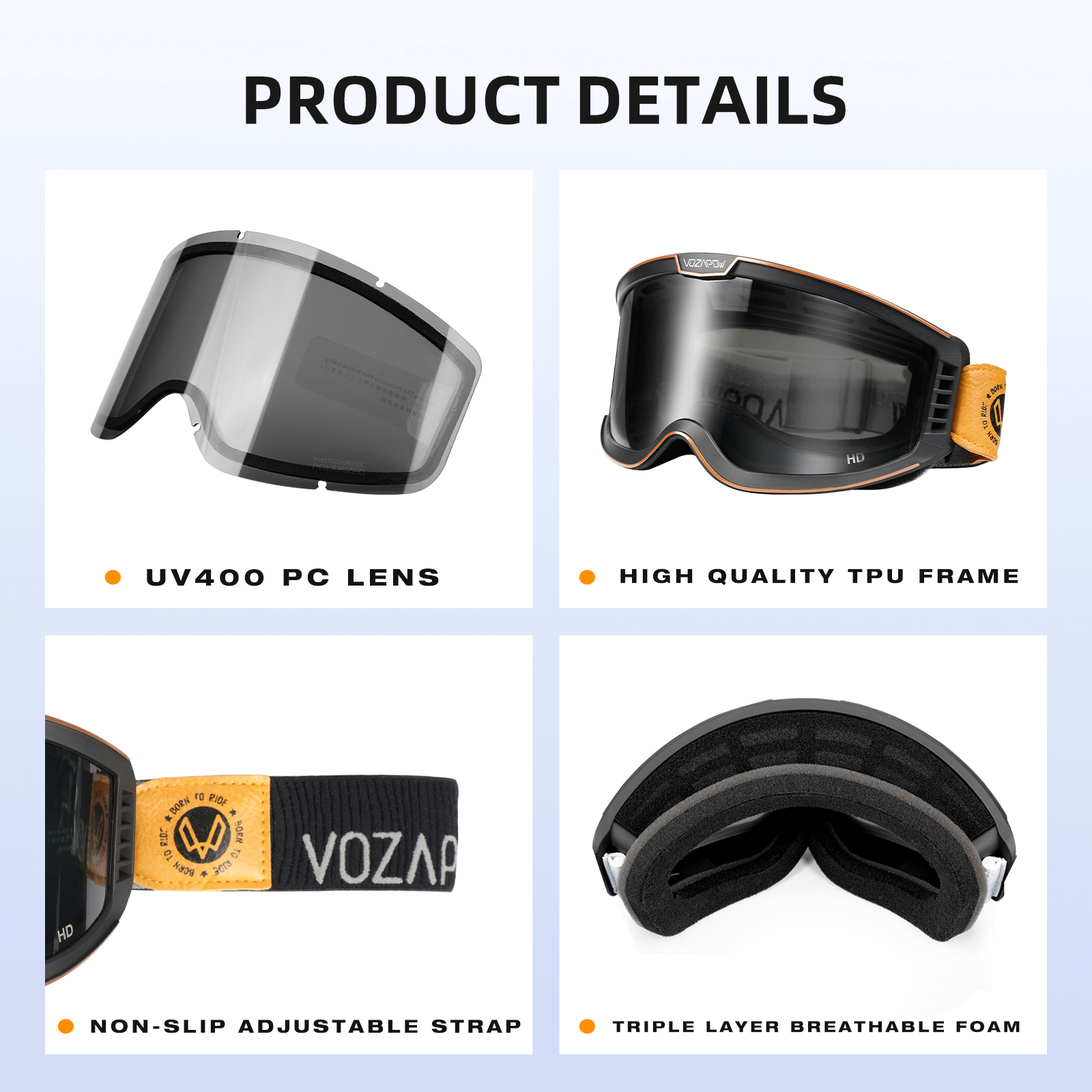 Vozapow Motorcycle Goggles Photochromic 3 IN 1 Retro Cycling Sunglasses Anti-Fog Windproof Polarized Motocross Riding Glasses