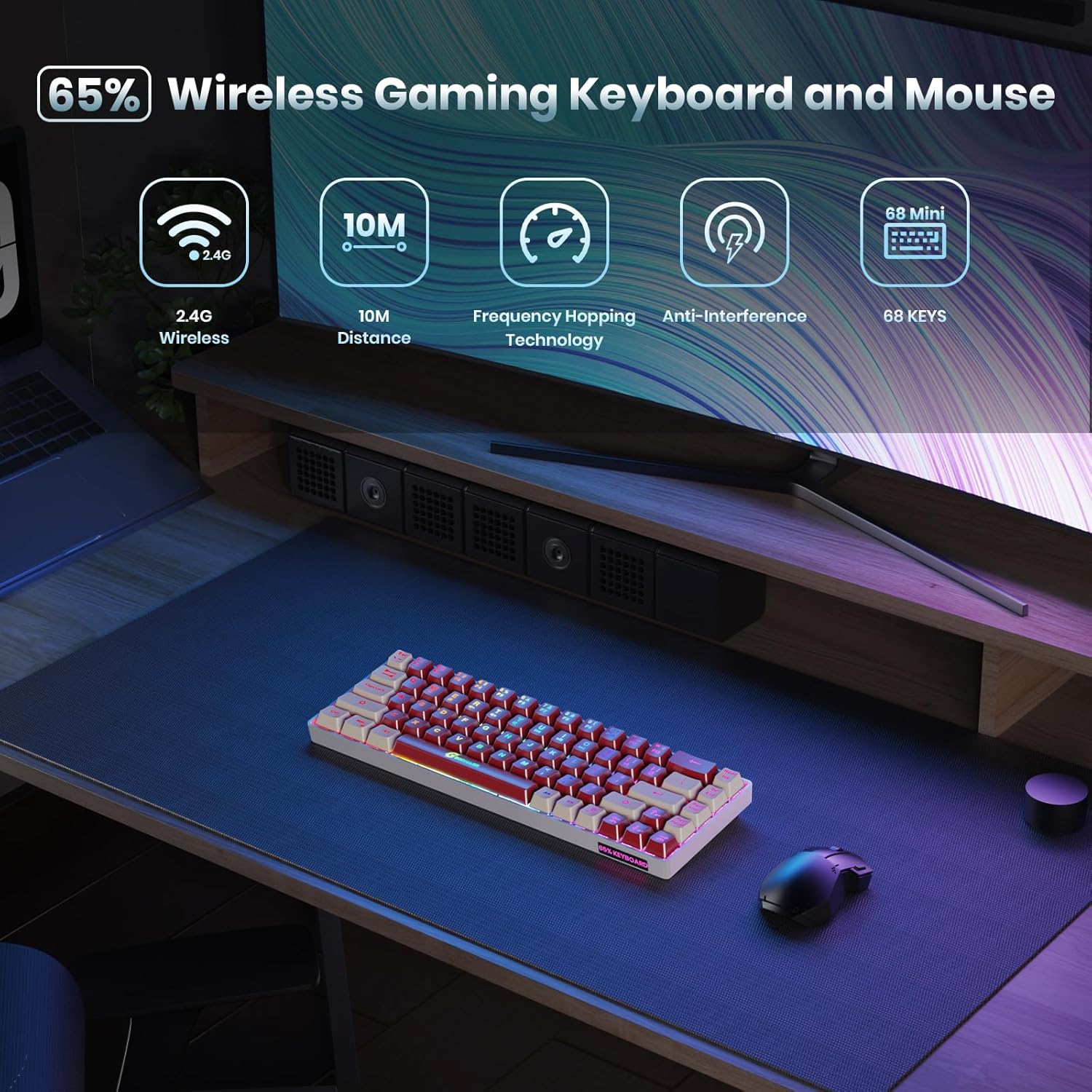 GEODMAER 2,4G teclado inalámbrico para juegos 68 teclas teclado para juegos recargable retroiluminado Anti-ghosting teclado sin conflictos para PC