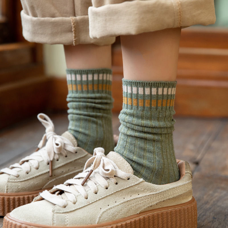 Chaussettes Vintage en coton pour femmes, longues, amples, solides, tricotées, rayées, respirantes, collection printemps-automne