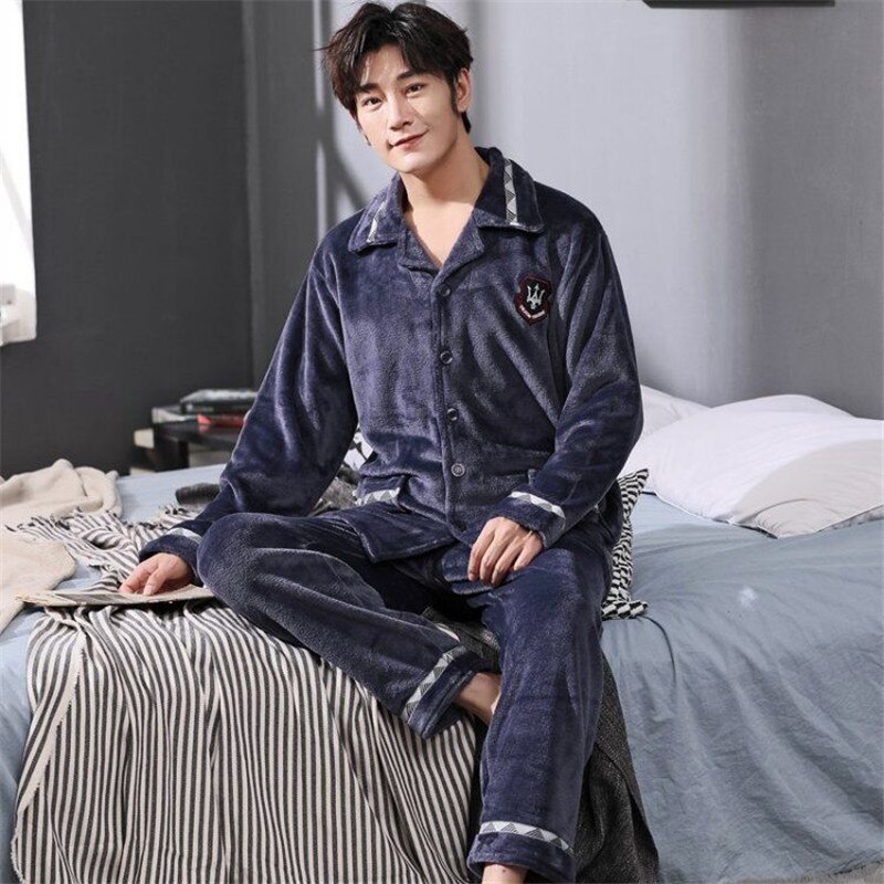 Vinter pyjamas for menn tykk flanell nattøy dress 2 stk pyjamas homme varme uformelle hjemmeklær pijamas hombre