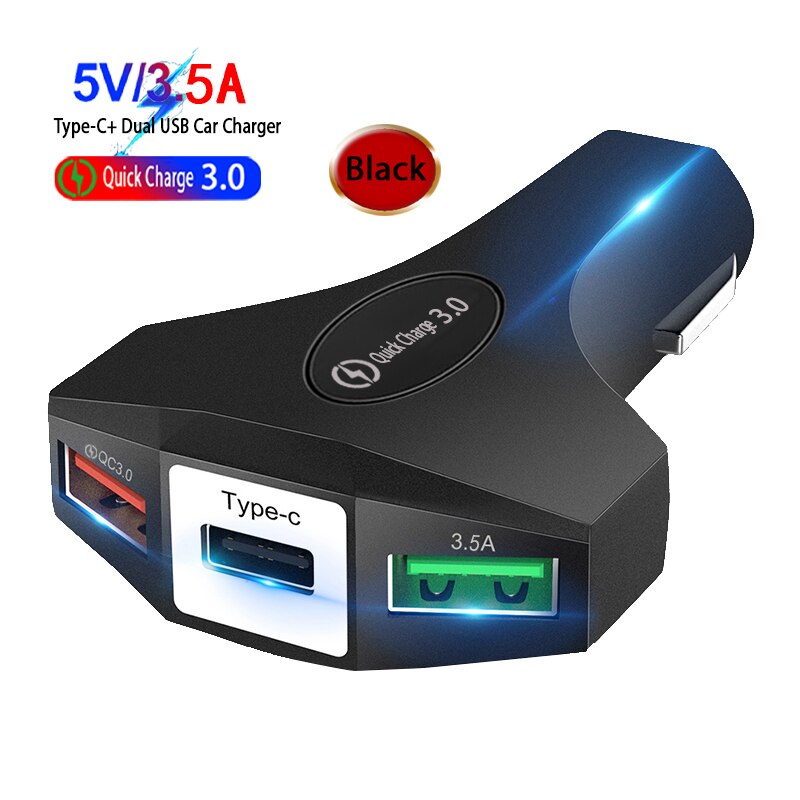 Quick Charge 3.0 Car 7A QC3.0 Turbo Fast Charging Car-charger 3 USB Car Mobile Phone Charger for iphone Micro USB Type C: Black