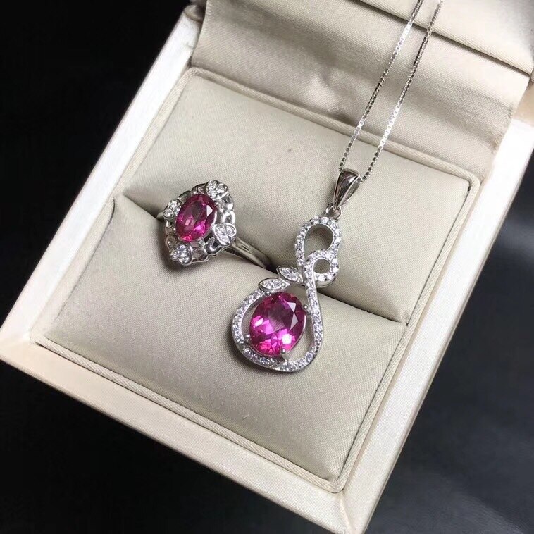 KJJEAXCMY boutique juwelen 925 sterling zilver ingelegd met natuurlijke roze topaz ring hanger ketting voor vrouwen 2 stuk set godde