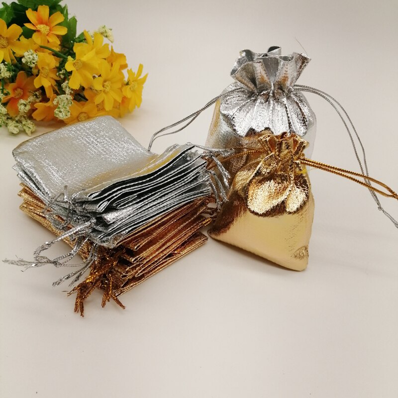 Bolsa de embalaje de tela de aluminio para joyería, bolsa de embalaje de joyería de boda, con cordón dorado y plateado, 50 Uds.