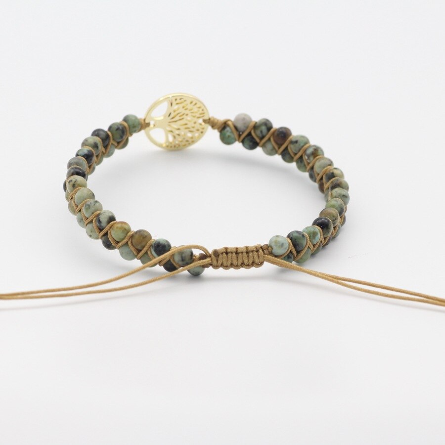 Árvore de pedra natural da vida yoga chakras contas frisado pulseiras corda de couro artesanal tecido wrap pedra ajustável casal pulseira