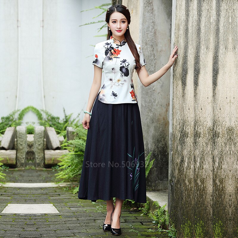 Traditionnelle chinoise Cheongsam T-Shirts Pour femmes Grande Taille 4XL Qipao Chemisier À Imprimé Floral De Style Asiatique Antique Costumes Élégants: Color1 / 4XL