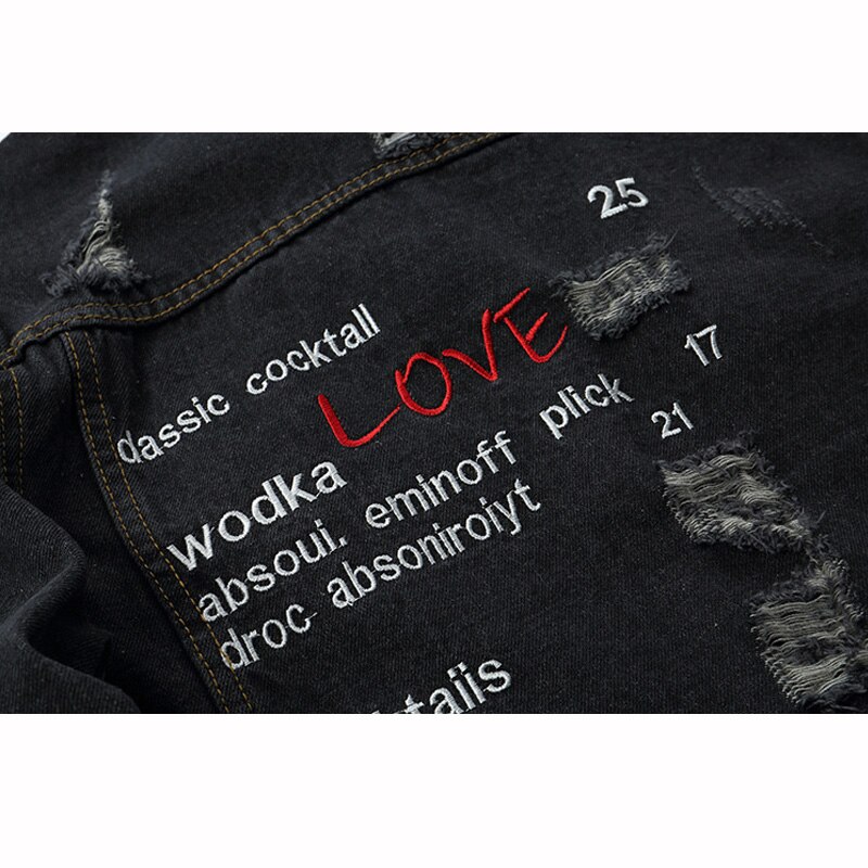 Chaquetas vaqueras con bordado de Hip Hop, abrigo vaquero para hombre con agujeros rasgados, Otoño , Chaquetas vaqueras para hombre, bordado HW340