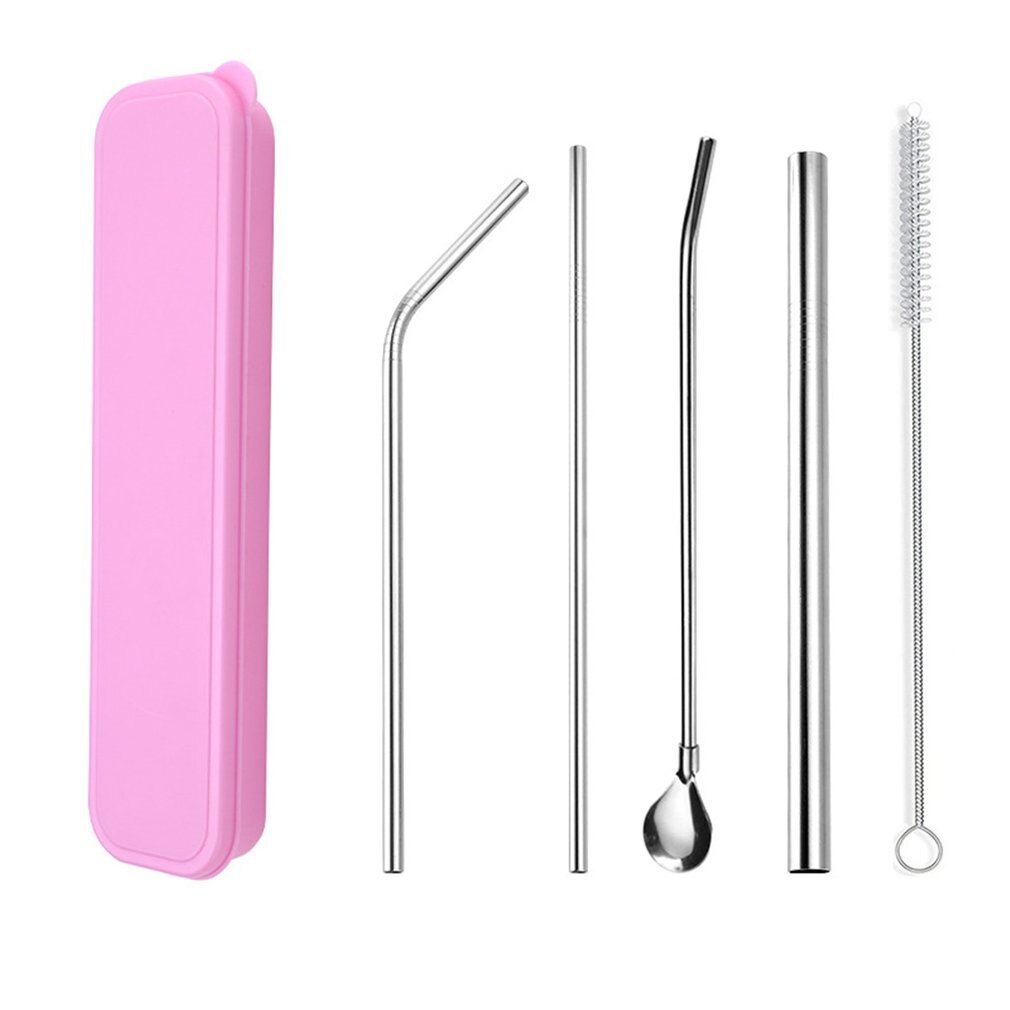 Set van 4 herbruikbare drinkrietjes van roestvrij staal, recht gebogen, breed melkrietje, pipetlepelset met reinigingsborstel en etui: Set 1