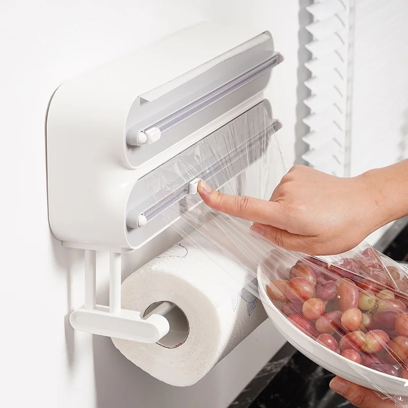 Zauberstab Halterung Frischhaltefolie Halfter mit Cutter Lebensmittel strecken Film Halfter Rutsche Cutter Magnetische Kunststoff wickeln Spender Kasten Küche Werkzeuge